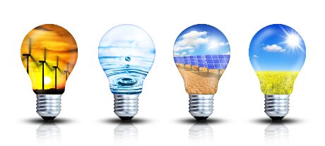 Lightbulbs with alternative energy pictures for wind, water, solar, and biofuel.