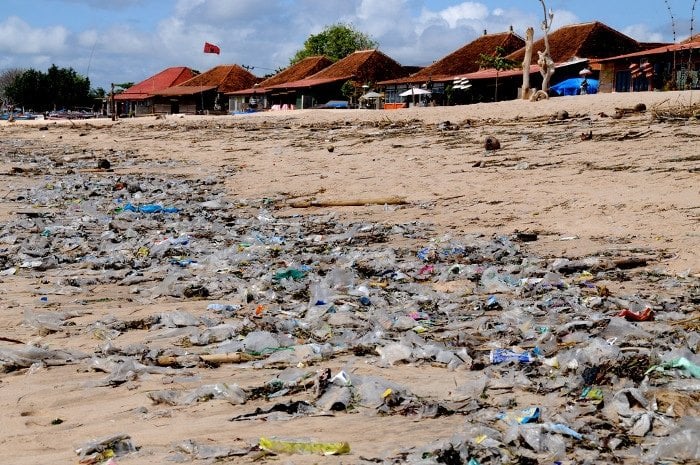 A garbage choked beach on Bali