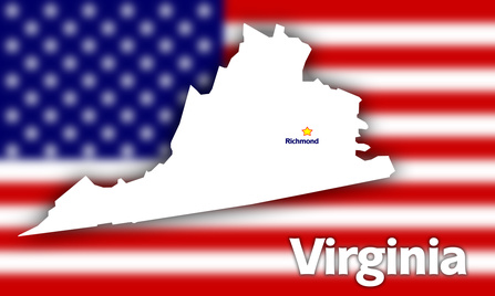 Virginia state contour against blurred USA flag