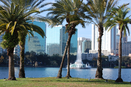 Orlando Florida Lake Eola and palm trees in foreground