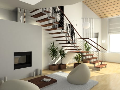 modern comfortable interior with a fireplace 3D render
