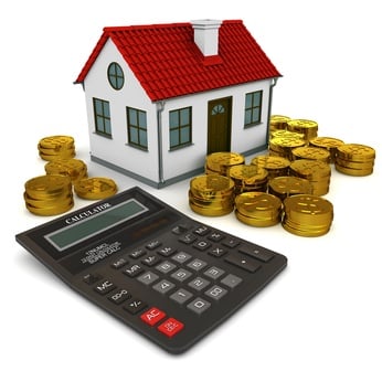 House with red roof calculator stack of gold coins dollar