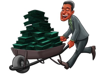 young Business man carrying a cart with a lot of money in cash