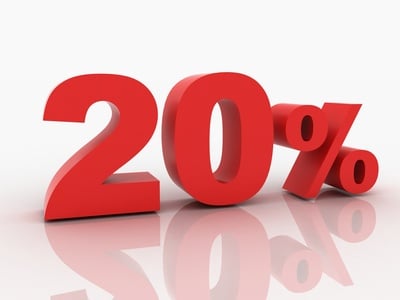 3d rendering of a 20 percent discount in red letters on a white