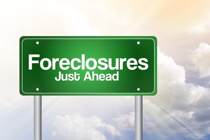 Foreclosures Just Ahead Green Road Sign concept