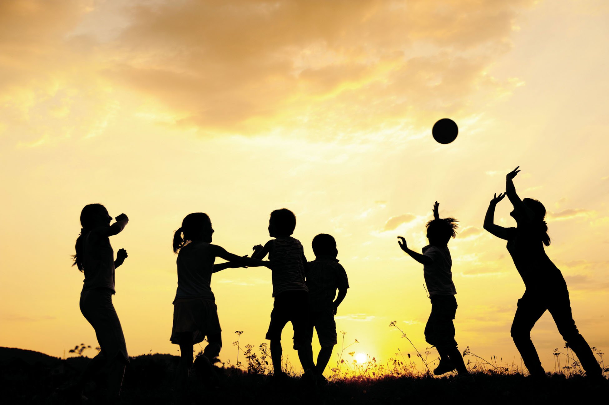 Silhouette group of happy children playing on meadow sunset s