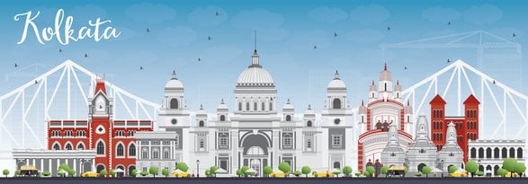 Kolkata Skyline with Gray Landmarks and Blue Sky. Vector Illustration. Business Travel and Tourism Concept with Historic Buildings. Image for Presentation Banner Placard and Web Site.