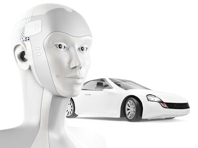 Modern robot and beautiful sports car on white background