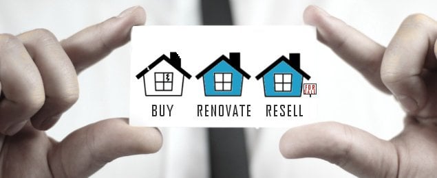 drawing of three houses where it reads buy renovate resell