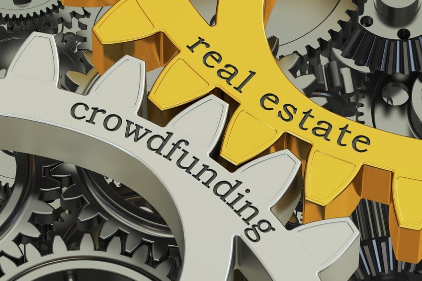 real estate crowdfunding concept on the gearwheels 3D rendering