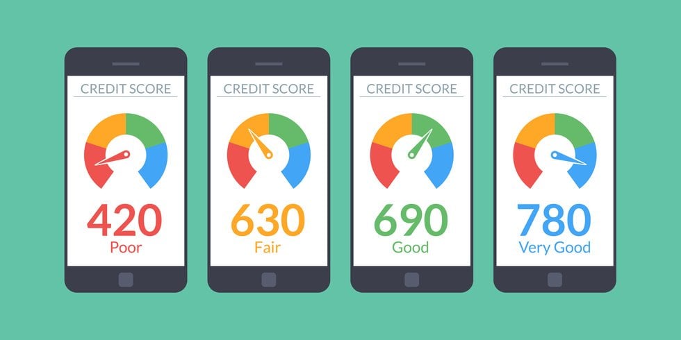 Collection smartphones with credit score app on the screen in flat style Financial information about the client Vector illustration isolated on white background