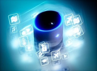 Concept of home intelligent voice activated assistant with voice command icons 3D rendering concept of hi tech futuristic artificial intelligence speech recognition technology