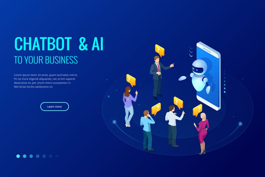 Isometric artificial intelligence Chat bot and future marketing AI and business IOT concept Mans and women chatting with chatbot application Dialog help service Vector illustration