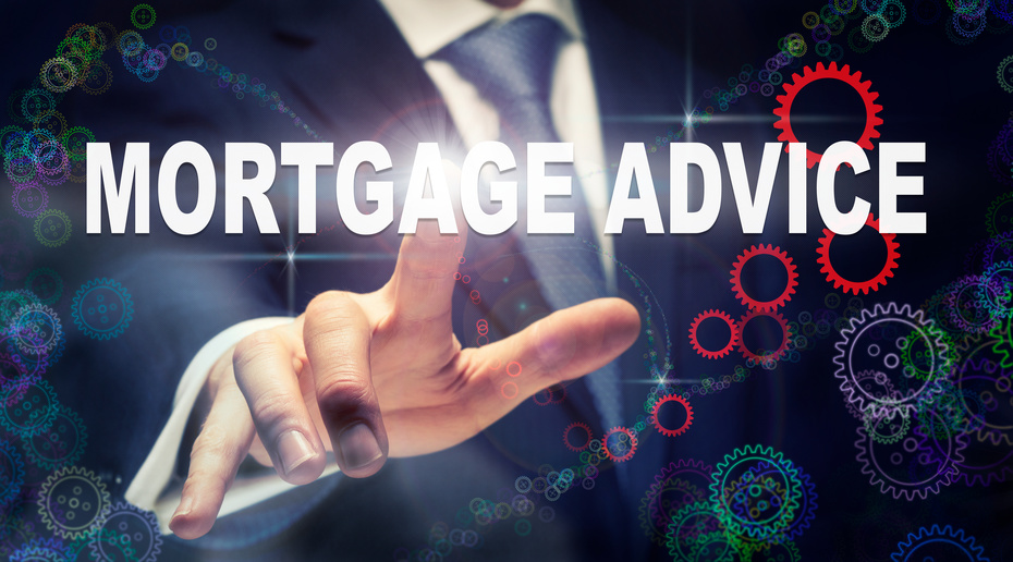 A businessman presses a Mortgage Advice business idea on a gear graphic illustration
