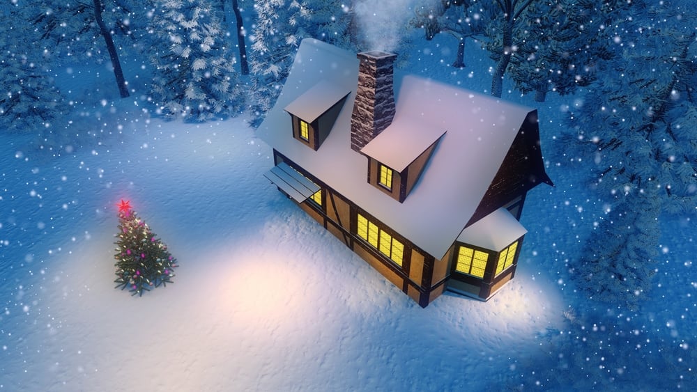 House and christmas tree at snowfall night top view