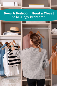Woman hanging clothes in a closet- Legally does a bedroom have to have a closet?