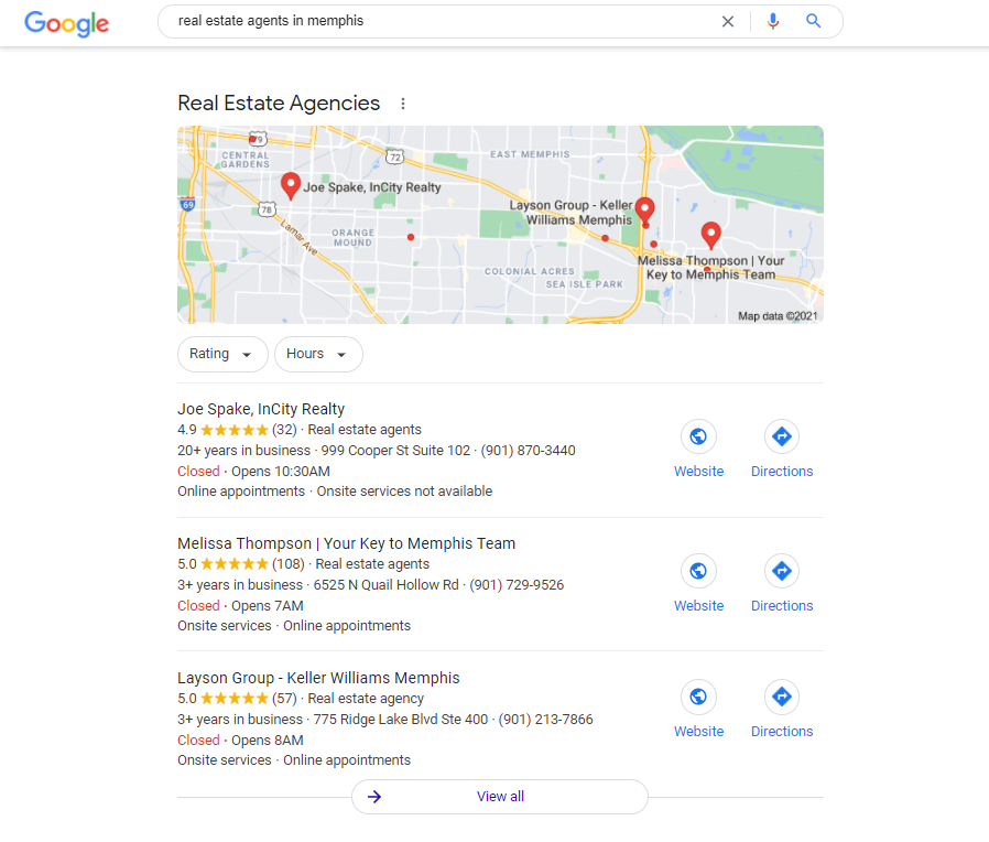 Example of a real estate Google local pack.