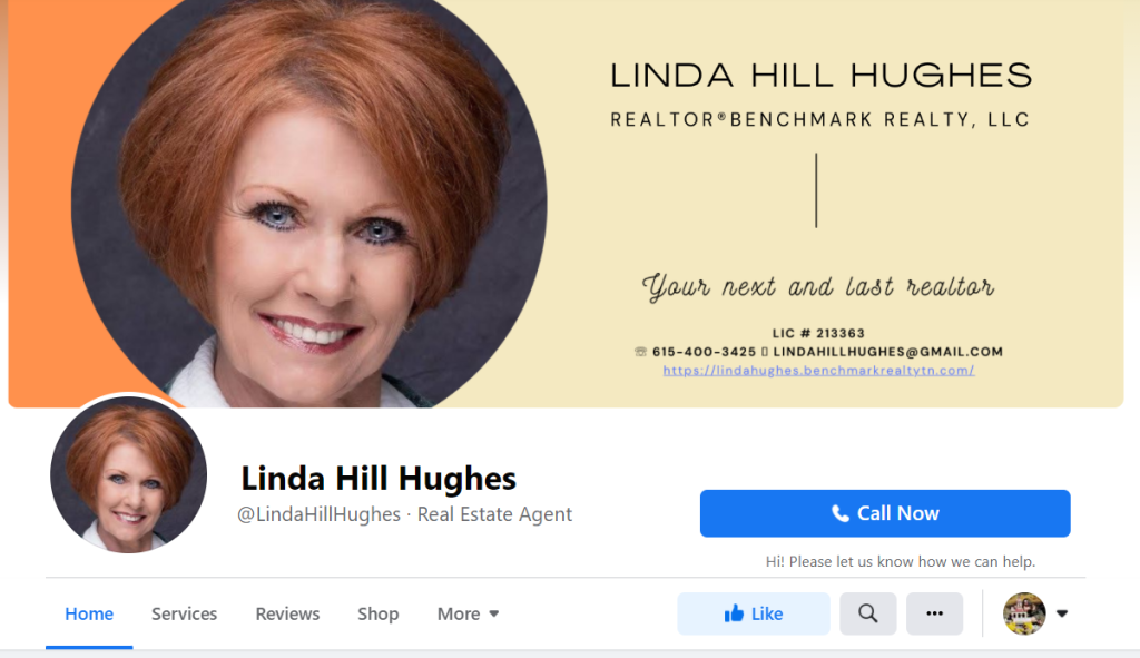 Linda FB page realtor mockup's real estate agent Facebook page.