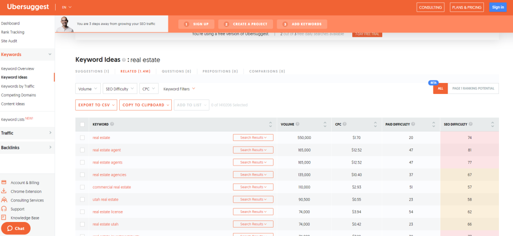 Ubersuggest keyword ideas for real estate.