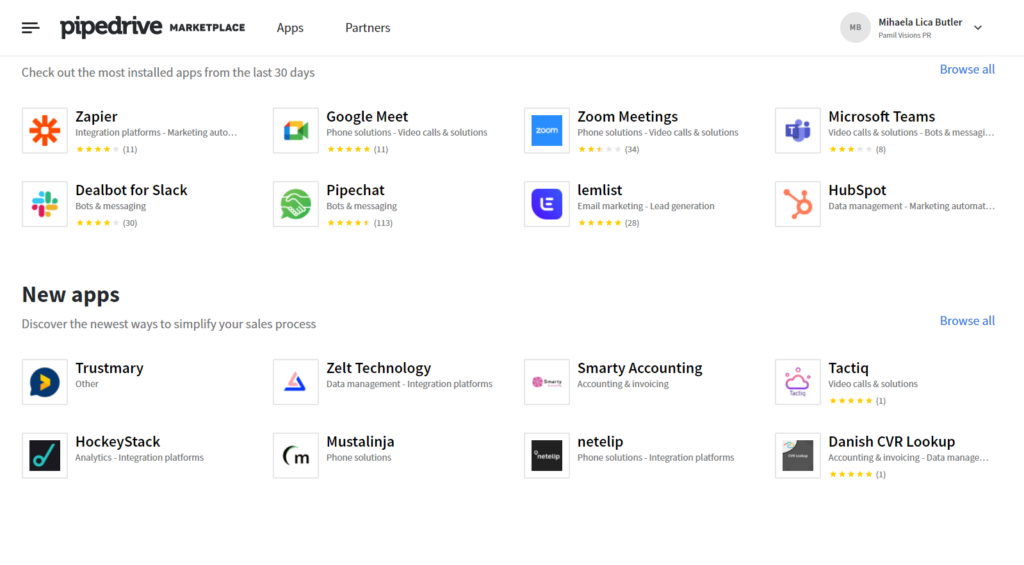 Pipedrive CRM apps and integrations marketplace screenshot.