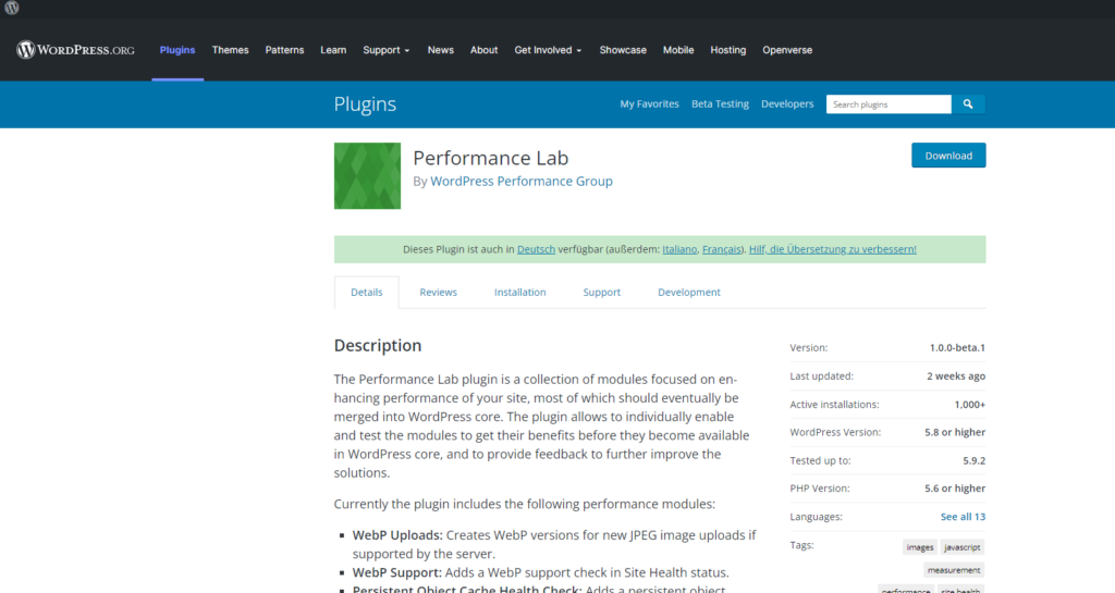 WordPress Performance Lab plugin screenshot.