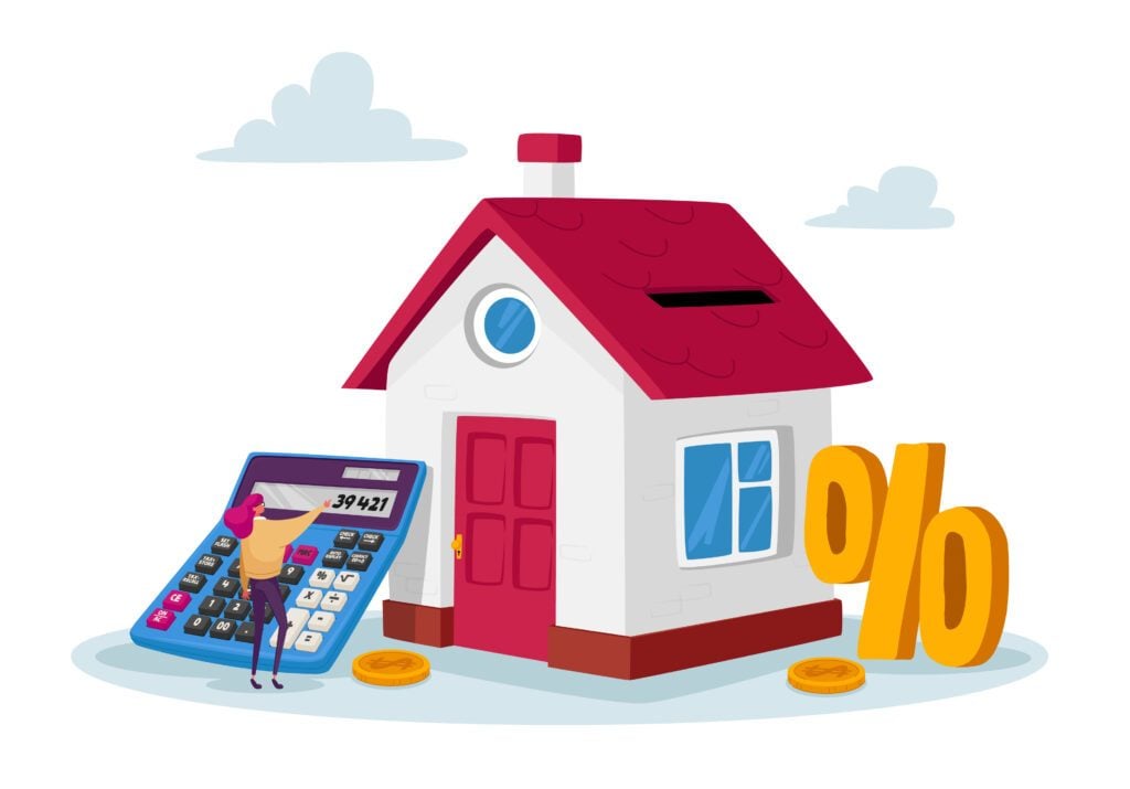 Mortgage and Home Buying Concept Tiny Female Character with Huge Calculator and Percent Symbol at House with Gold Coins