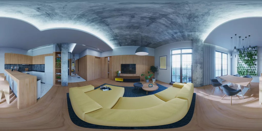 Panoramic apartment living room in 3d visualization