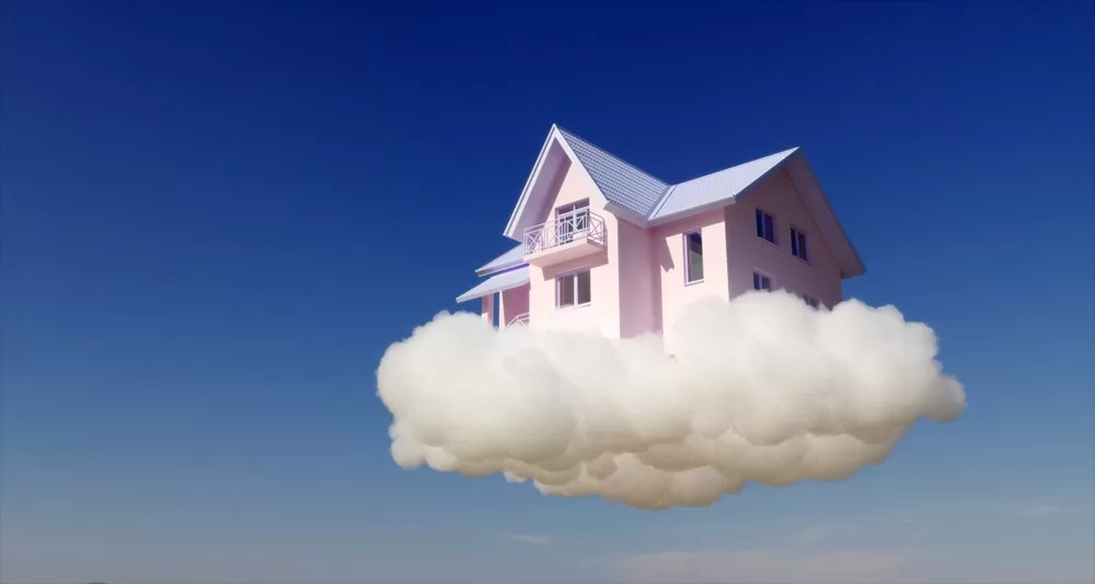 3dIllustrationOfFlyingHouseOnTheCloudWithBlue