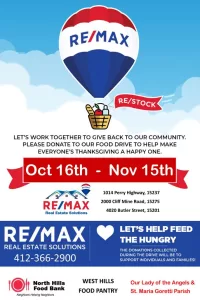 Real Estate Professionals with RE/MAX Real Estate Solutions are hosting their 12th Annual Thanksgiving Food Drive for local community support organizations in the neighborhoods where they work and live.