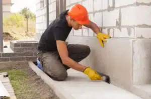 worker applies mastic on foundation